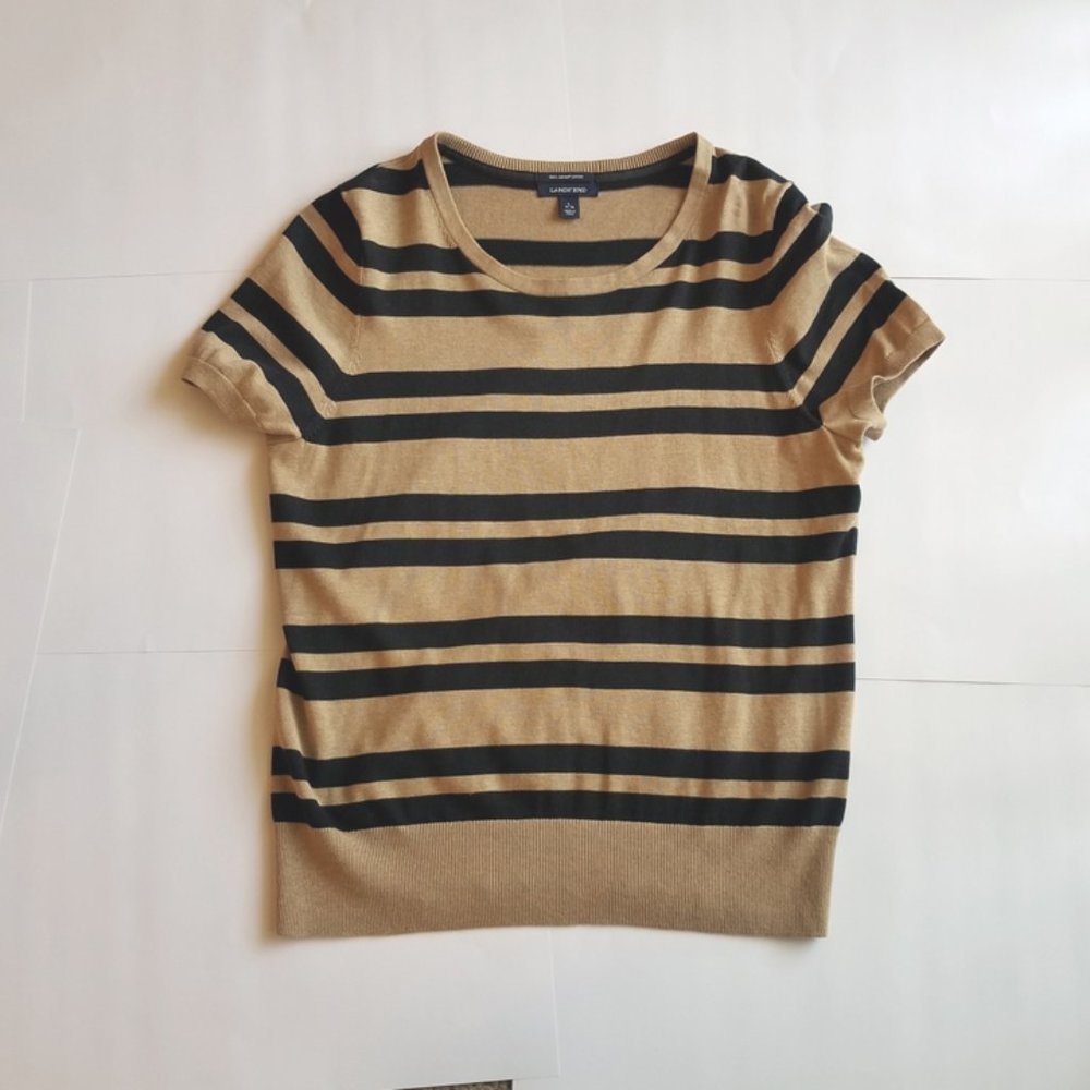 LANDS' END SHORT SLEEVE SWEATER SIZE L CAMEL WITH BLACK STRIPES